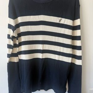 American Eagle Outfitters Navy and Cream Striped Crewneck Sweater